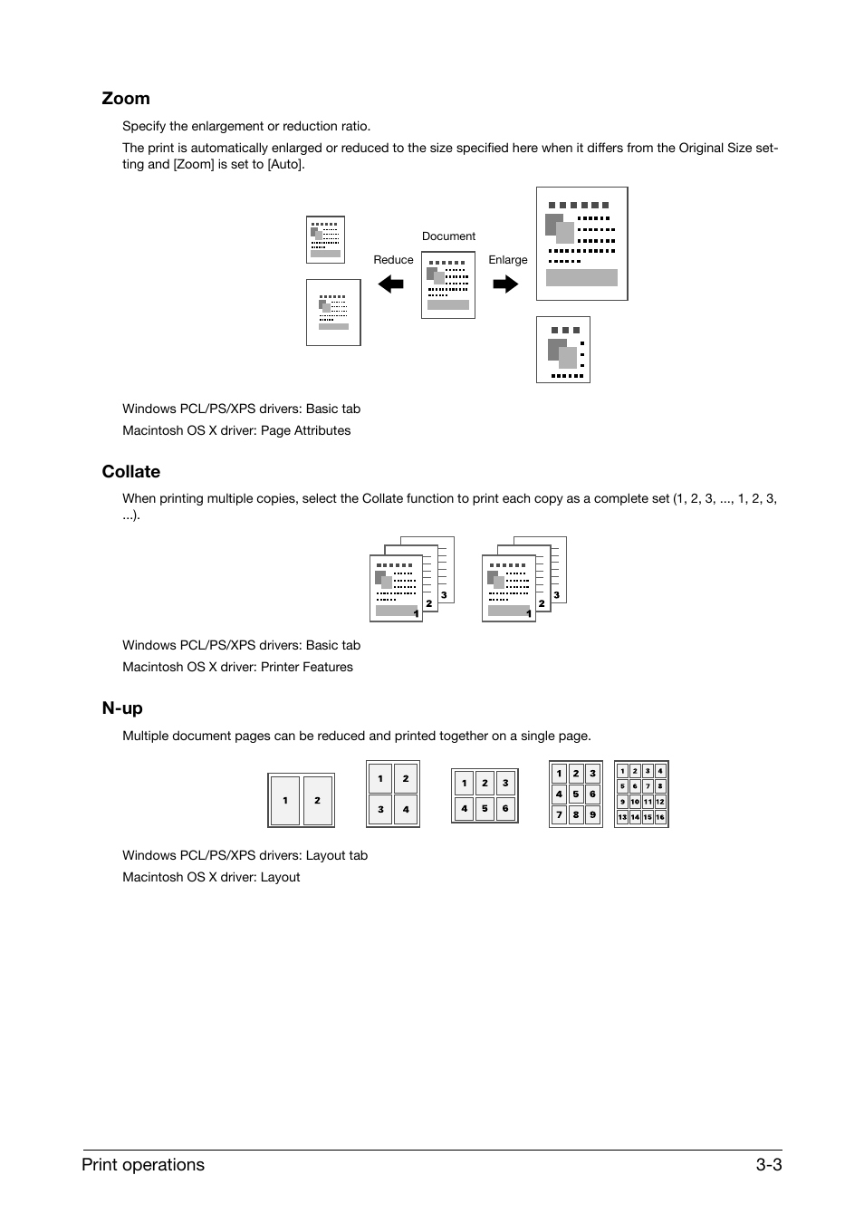 Zoom, Collate, N-up | Zoom -3 collate -3 n-up -3, Print operations 3-3 zoom | Konica Minolta bizhub C25 User Manual | Page 16 / 38