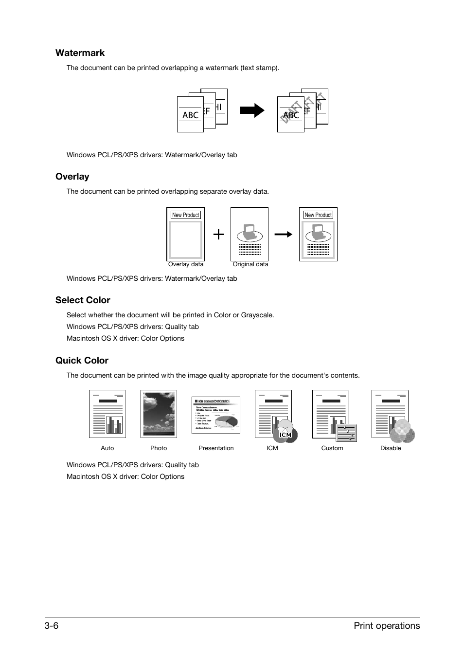 Watermark, Overlay, Select color | Quick color, Print operations 3-6 watermark | Konica Minolta bizhub C25 User Manual | Page 19 / 38