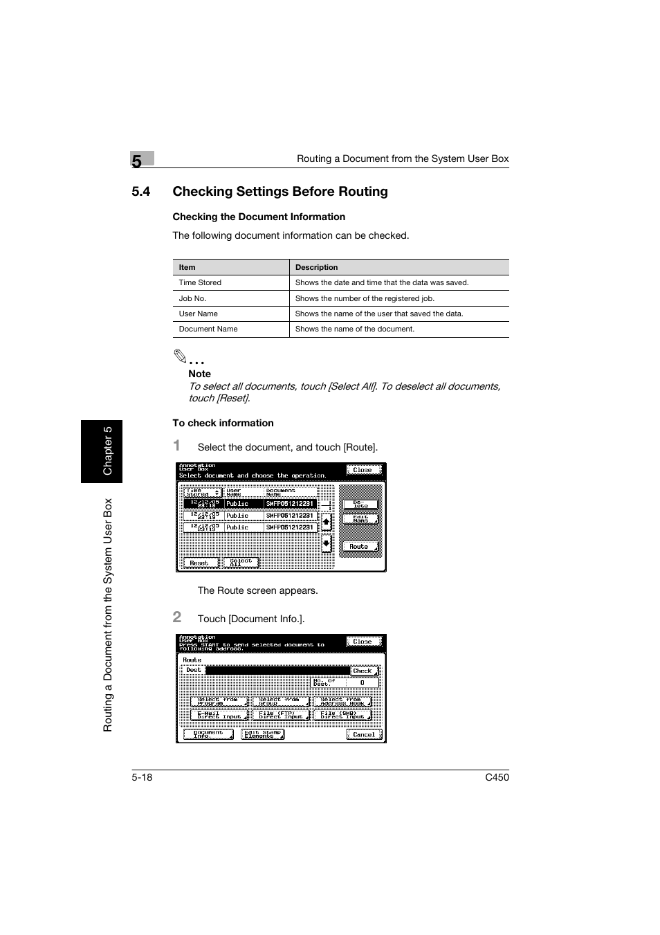 4 checking settings before routing, Checking the document information, To check information | Checking settings before routing -18 | Konica Minolta BIZHUB C450 User Manual | Page 121 / 194