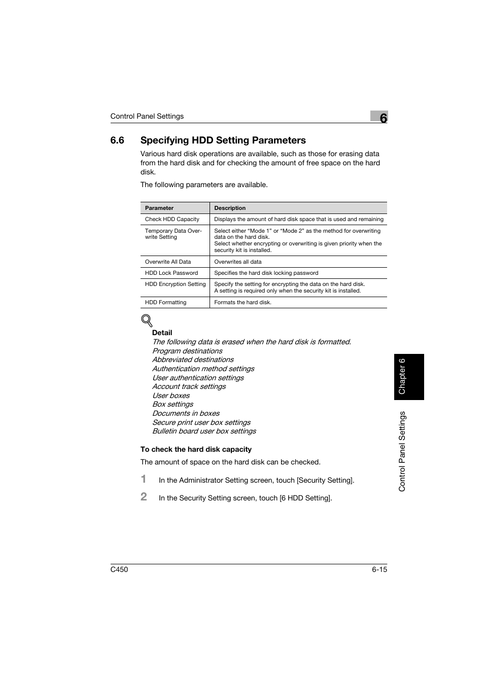 6 specifying hdd setting parameters, To check the hard disk capacity, Specifying hdd setting parameters -15 | To check the hard disk capacity -15, P. 6-15 | Konica Minolta BIZHUB C450 User Manual | Page 140 / 194