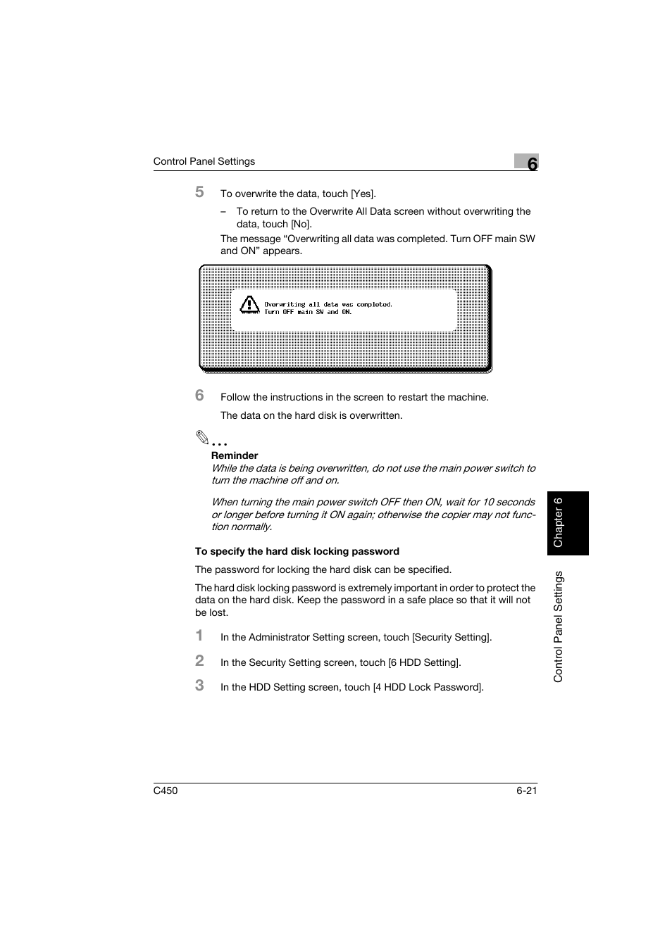 To specify the hard disk locking password, To specify the hard disk locking password -21 | Konica Minolta BIZHUB C450 User Manual | Page 146 / 194