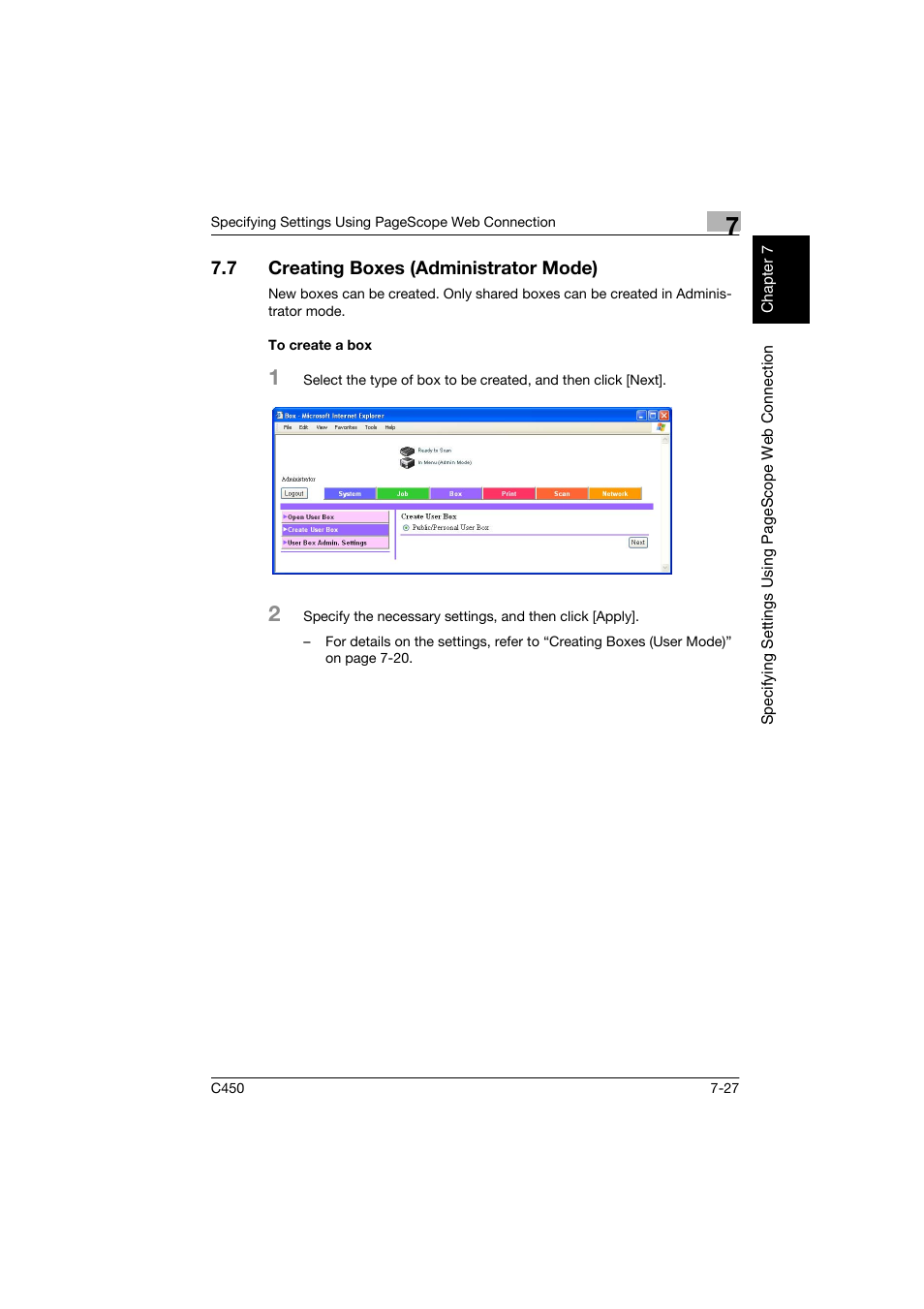 7 creating boxes (administrator mode), To create a box, Creating boxes (administrator mode) -27 | To create a box -27 | Konica Minolta BIZHUB C450 User Manual | Page 180 / 194
