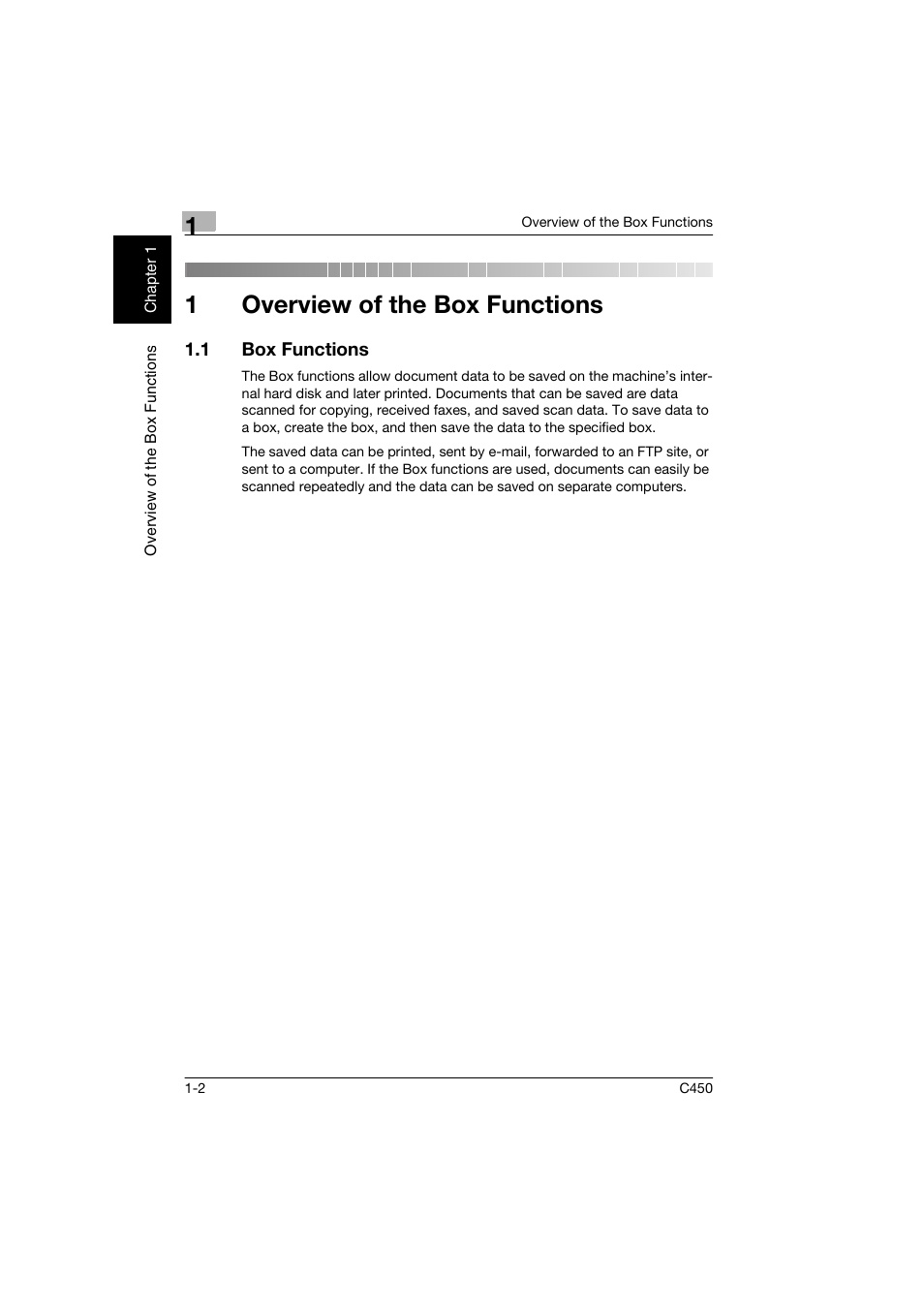 1 overview of the box functions, 1 box functions, Overview of the box functions | Box functions -2, 1overview of the box functions | Konica Minolta BIZHUB C450 User Manual | Page 19 / 194