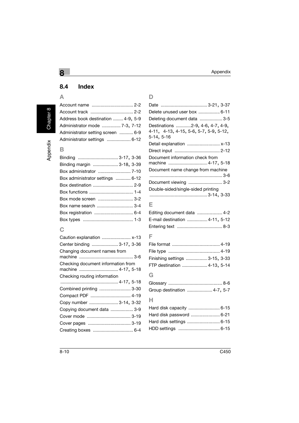 4 index, A to h, Index -10 | Konica Minolta BIZHUB C450 User Manual | Page 191 / 194