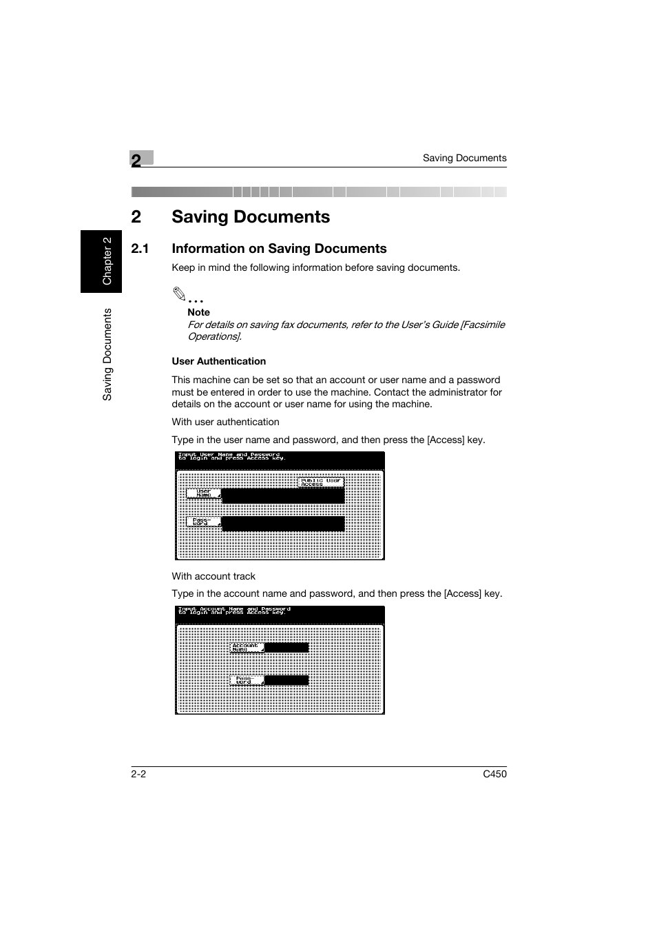 2 saving documents, 1 information on saving documents, User authentication | Saving documents, Information on saving documents -2, User authentication -2, 2saving documents | Konica Minolta BIZHUB C450 User Manual | Page 25 / 194