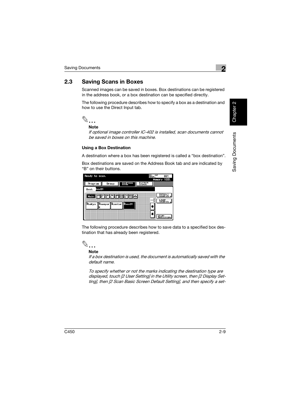 3 saving scans in boxes, Using a box destination, Saving scans in boxes -9 | Using a box destination -9 | Konica Minolta BIZHUB C450 User Manual | Page 32 / 194
