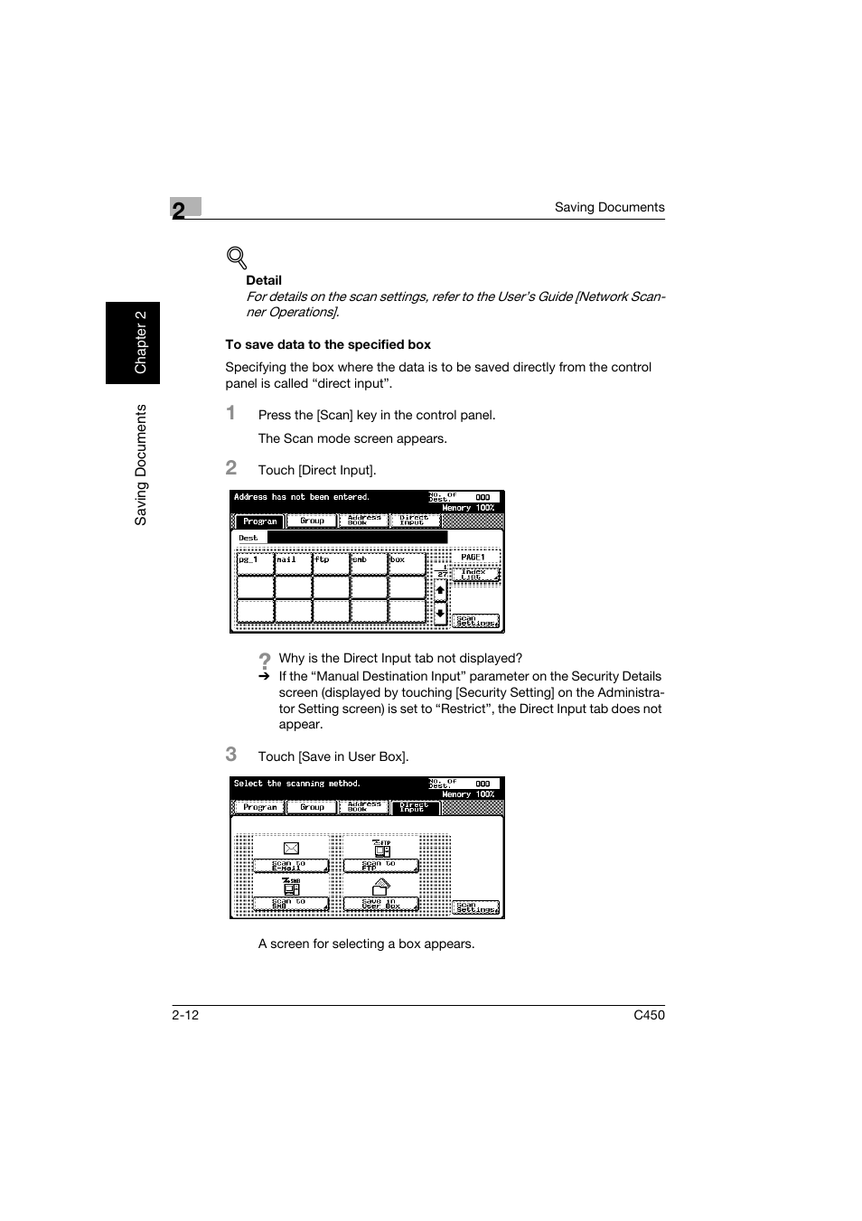 To save data to the specified box, To save data to the specified box -12 | Konica Minolta BIZHUB C450 User Manual | Page 35 / 194
