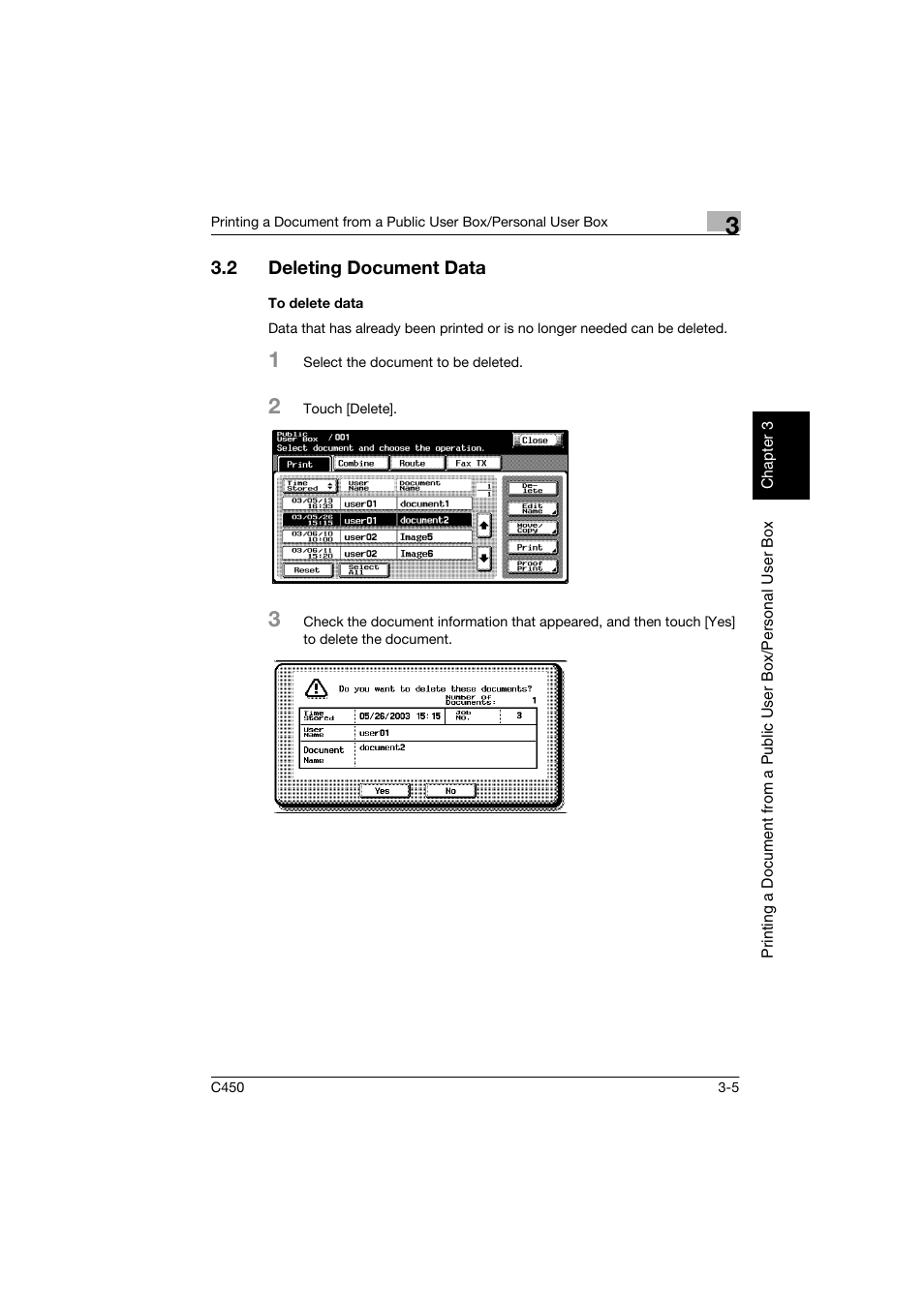 2 deleting document data, To delete data, Deleting document data -5 | To delete data -5 | Konica Minolta BIZHUB C450 User Manual | Page 42 / 194