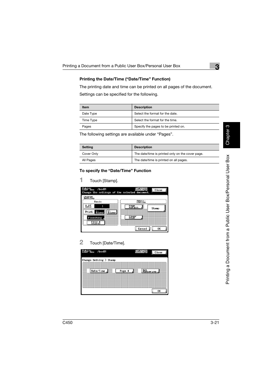 Printing the date/time (“date/time” function), To specify the “date/time” function | Konica Minolta BIZHUB C450 User Manual | Page 58 / 194