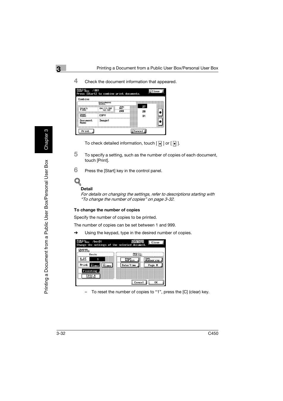 To change the number of copies, To change the number of copies -32, P. 3-32 | Konica Minolta BIZHUB C450 User Manual | Page 69 / 194