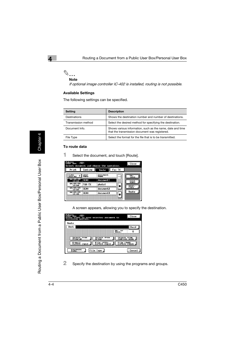 Available settings, To route data, Available settings -4 to route data -4 | Konica Minolta BIZHUB C450 User Manual | Page 85 / 194