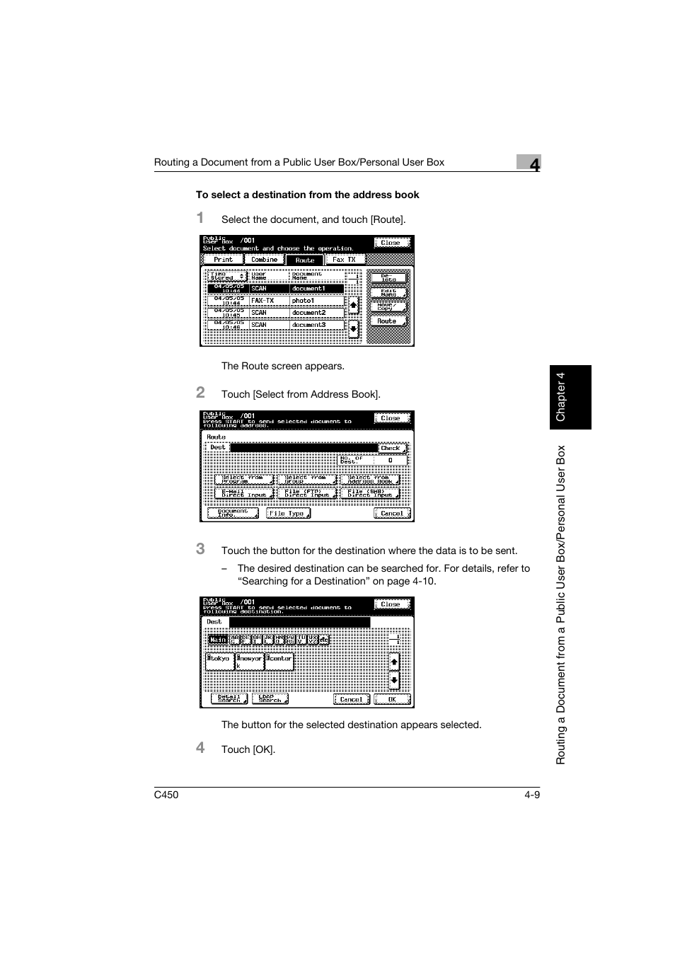 To select a destination from the address book, To select a destination from the address book -9, P. 4-9 | Konica Minolta BIZHUB C450 User Manual | Page 90 / 194