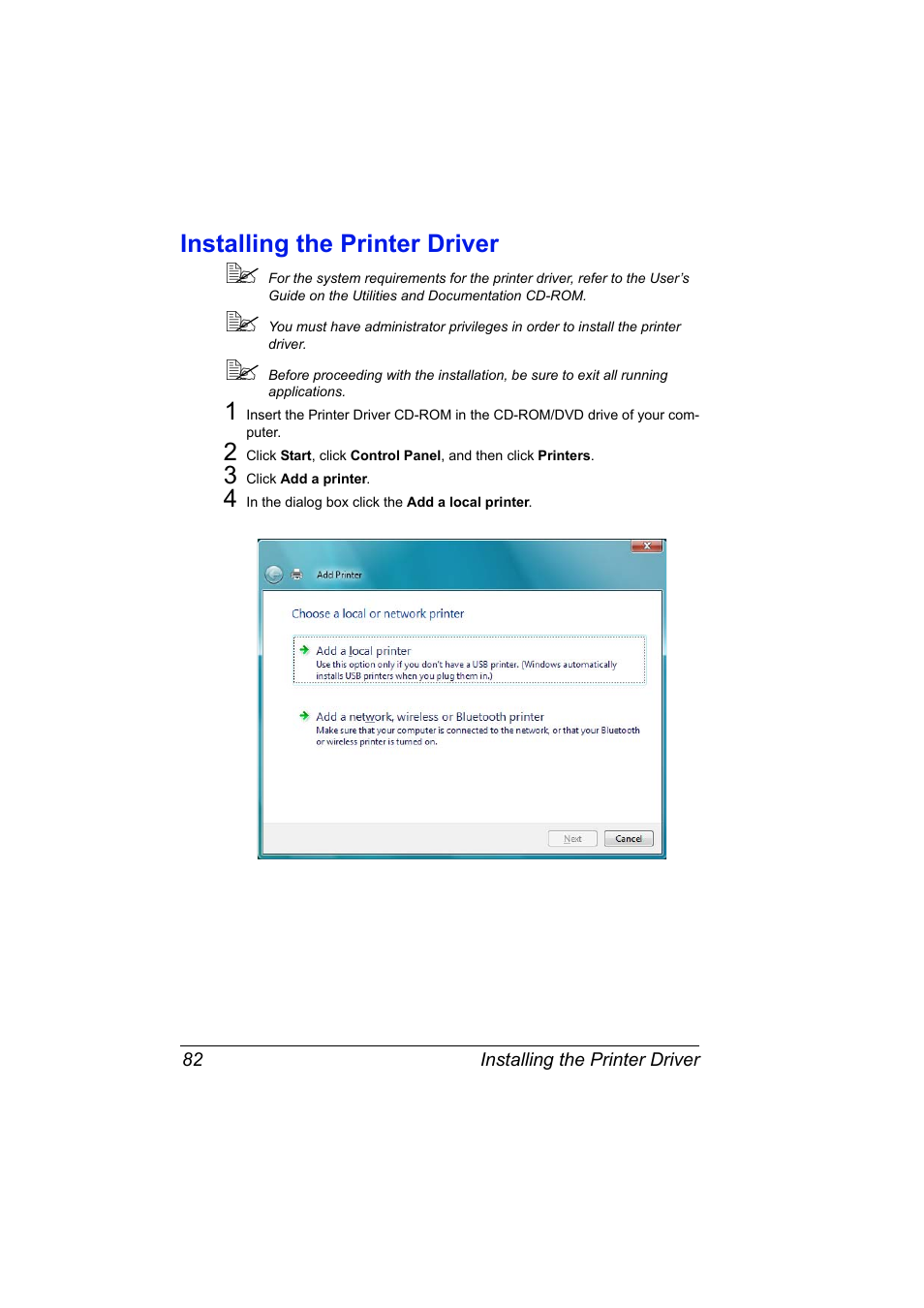 Installing the printer driver, Installing the printer driver 82 | Konica Minolta bizhub C31P User Manual | Page 100 / 382