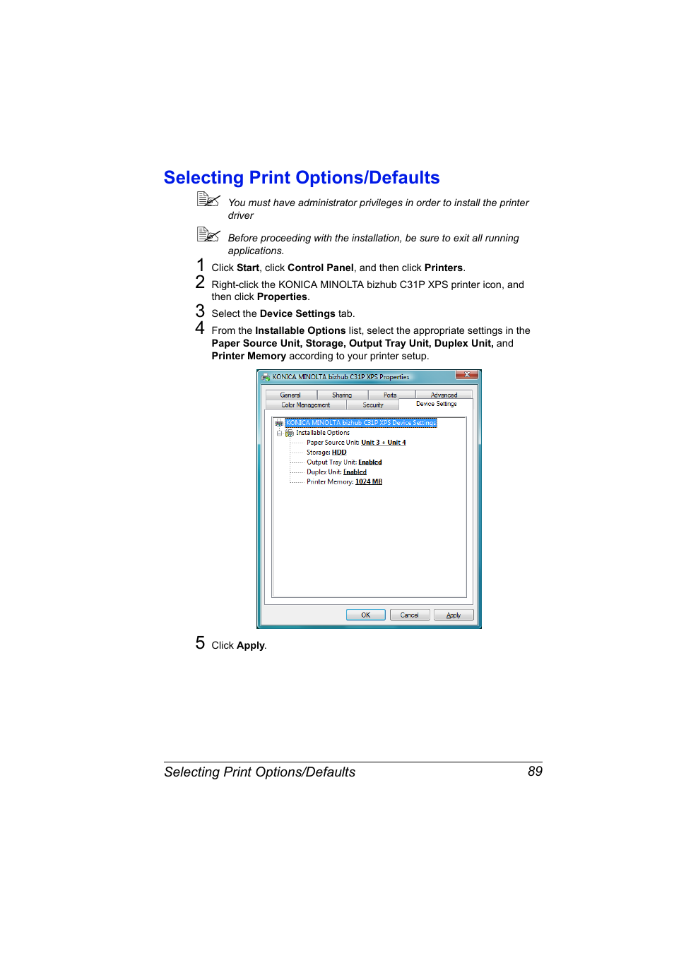 Selecting print options/defaults, Selecting print options/defaults 89 | Konica Minolta bizhub C31P User Manual | Page 107 / 382