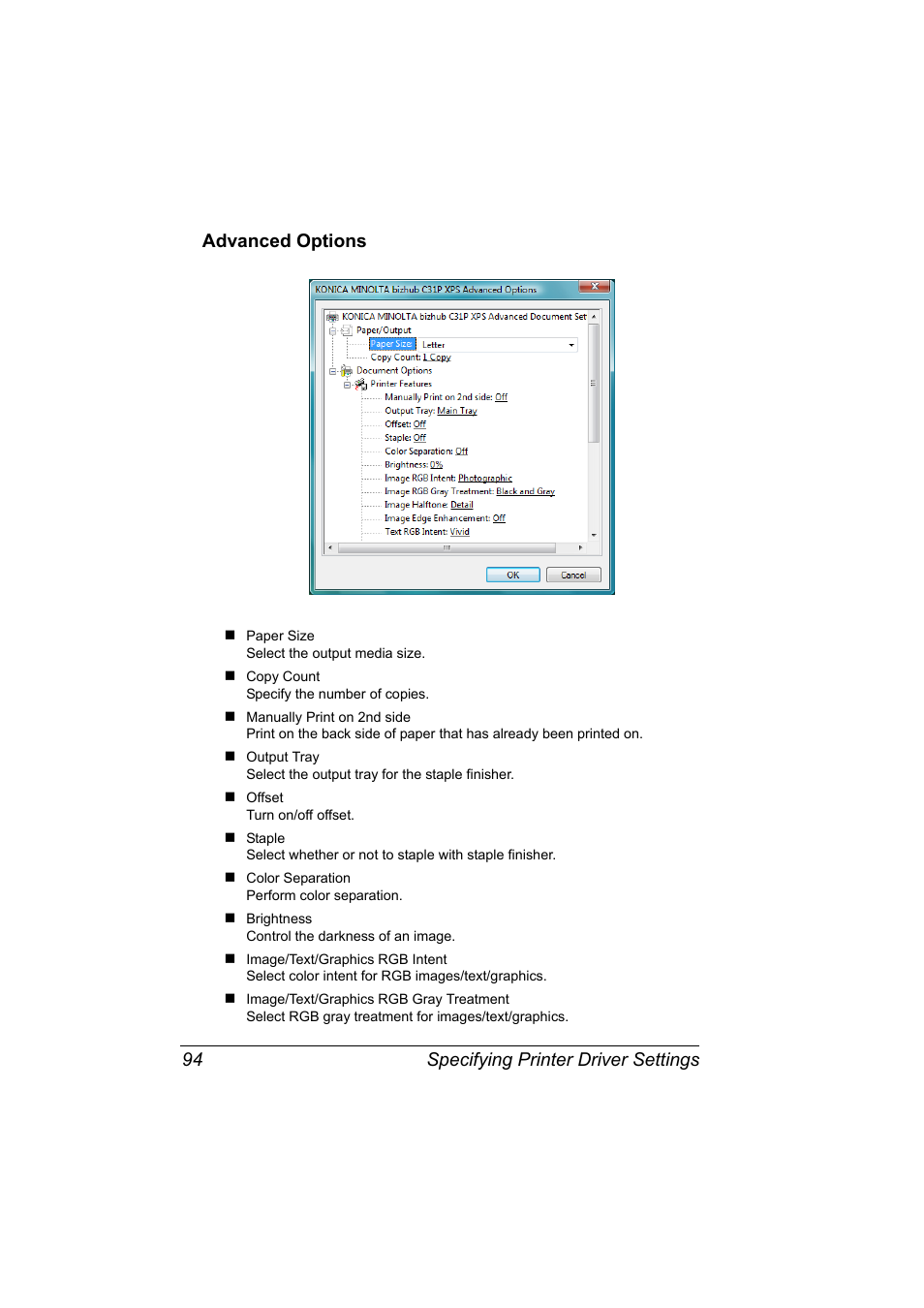 Advanced options, Advanced options 94 | Konica Minolta bizhub C31P User Manual | Page 112 / 382