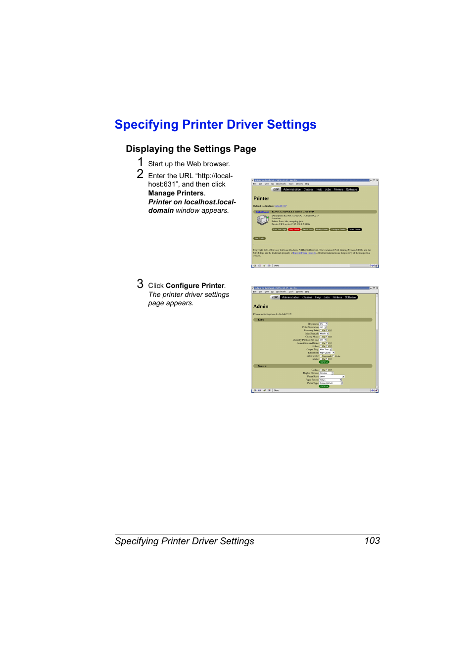 Specifying printer driver settings, Specifying printer driver settings 103 | Konica Minolta bizhub C31P User Manual | Page 121 / 382