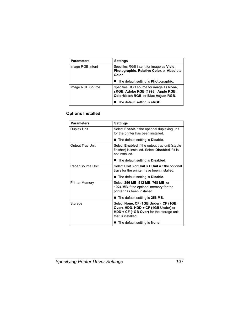 Options installed, Options installed 107, Specifying printer driver settings 107 | Konica Minolta bizhub C31P User Manual | Page 125 / 382