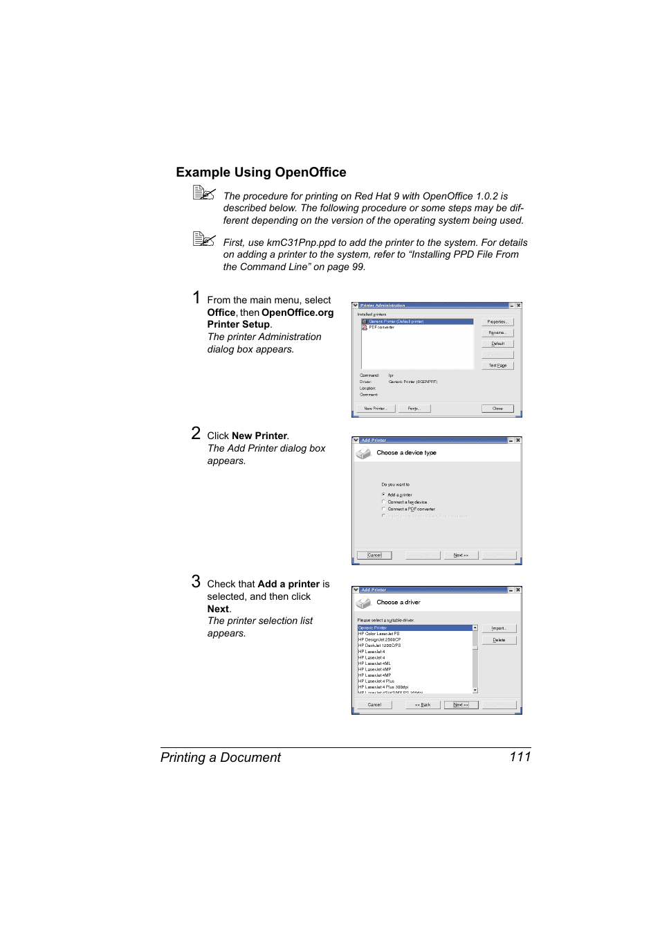 Example using openoffice, Example using openoffice 111 | Konica Minolta bizhub C31P User Manual | Page 129 / 382