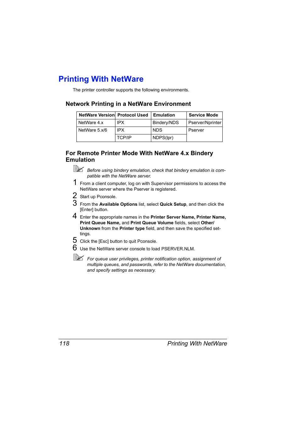 Printing with netware, Network printing in a netware environment, Printing with netware 118 | Konica Minolta bizhub C31P User Manual | Page 136 / 382