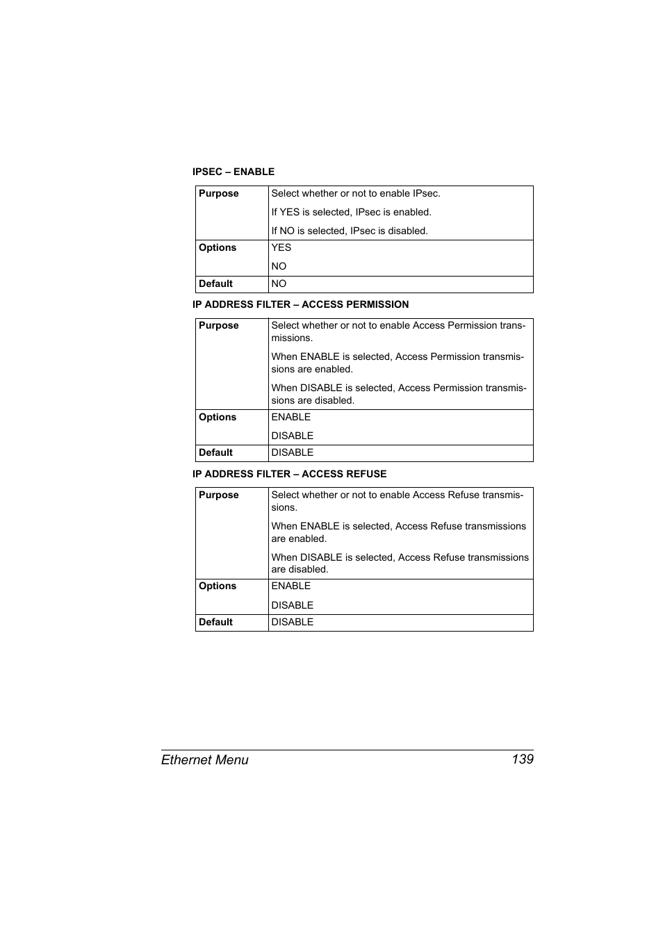 Ethernet menu 139 | Konica Minolta bizhub C31P User Manual | Page 157 / 382