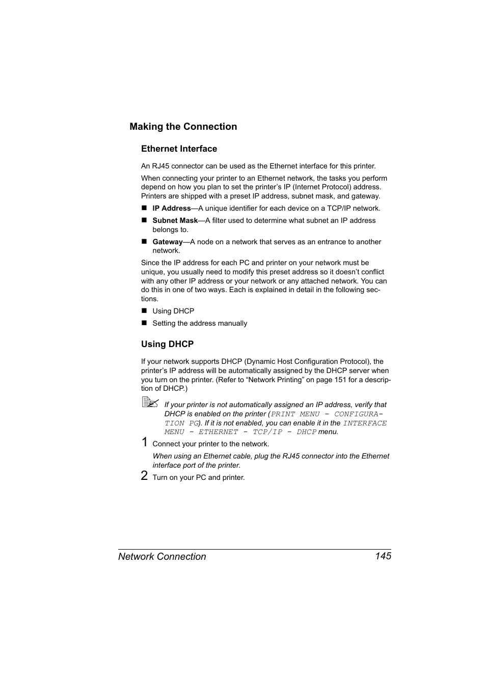 Making the connection, Ethernet interface, Using dhcp | Making the connection 145, Ethernet interface 145 using dhcp 145 | Konica Minolta bizhub C31P User Manual | Page 163 / 382