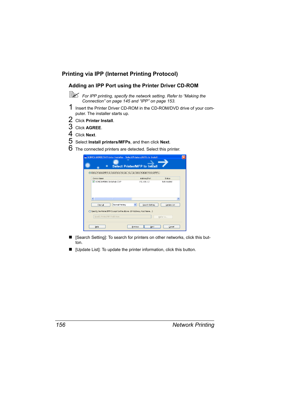 Printing via ipp (internet printing protocol), Adding an ipp port using the printer driver cd-rom, Printing via ipp (internet printing protocol) 156 | Konica Minolta bizhub C31P User Manual | Page 174 / 382