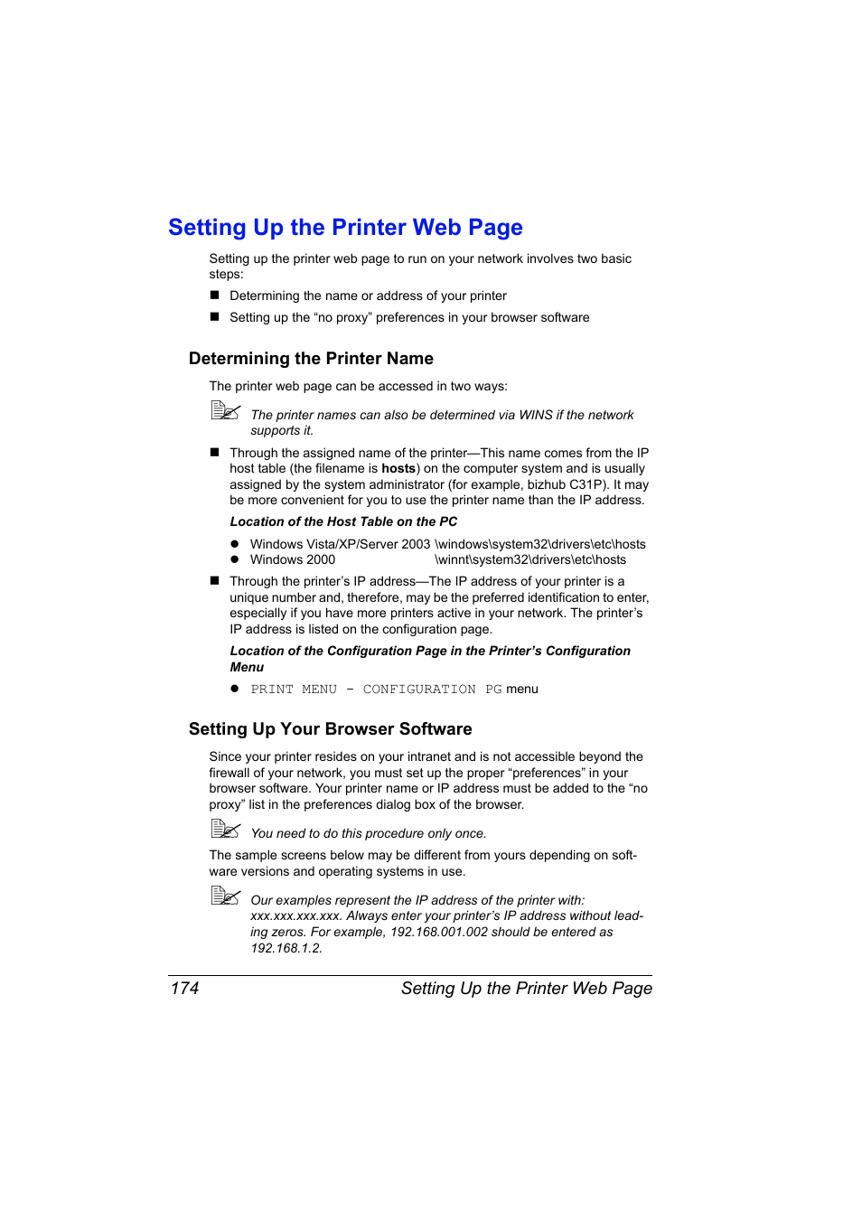 Determining the printer name, Setting up your browser software, Setting up the printer web page | Konica Minolta bizhub C31P User Manual | Page 192 / 382