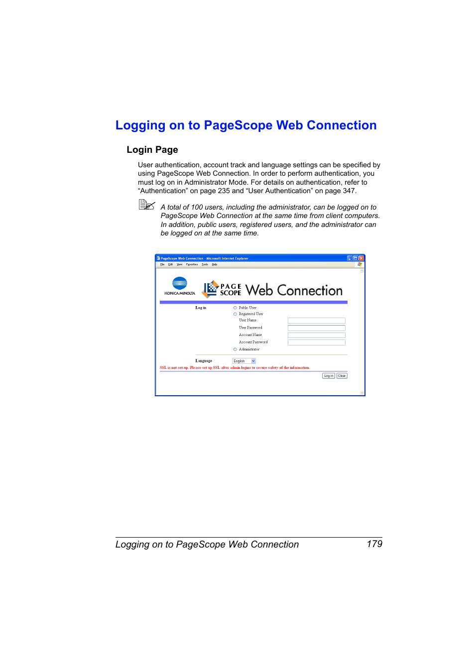 Logging on to pagescope web connection | Konica Minolta bizhub C31P User Manual | Page 197 / 382