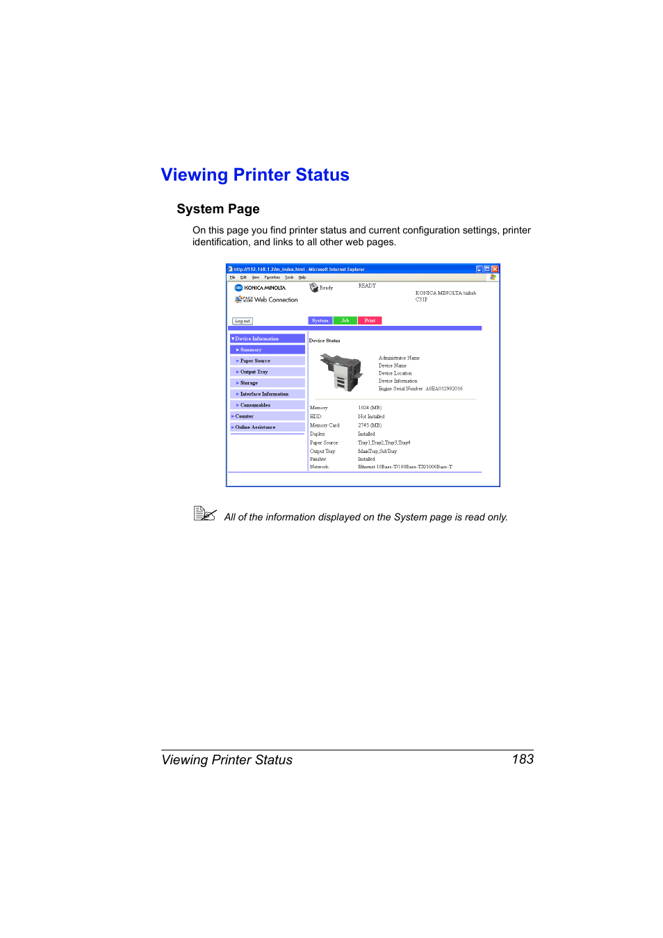 Viewing printer status, Viewing printer status 183 | Konica Minolta bizhub C31P User Manual | Page 201 / 382