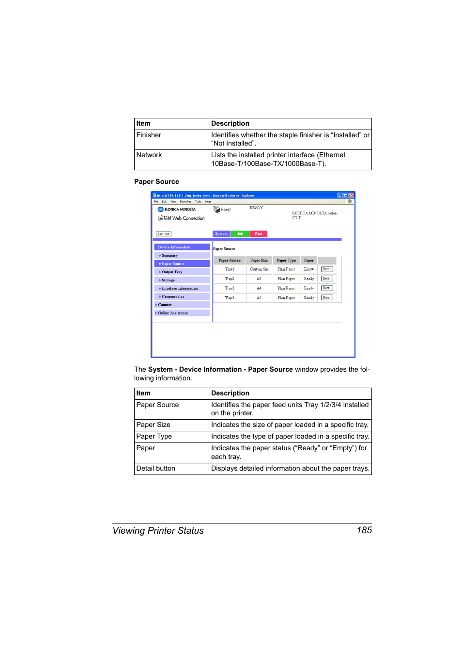 Viewing printer status 185 | Konica Minolta bizhub C31P User Manual | Page 203 / 382
