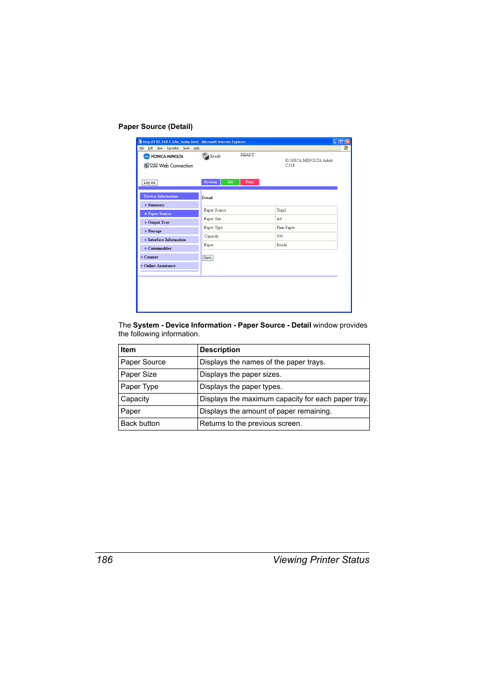 Viewing printer status 186 | Konica Minolta bizhub C31P User Manual | Page 204 / 382