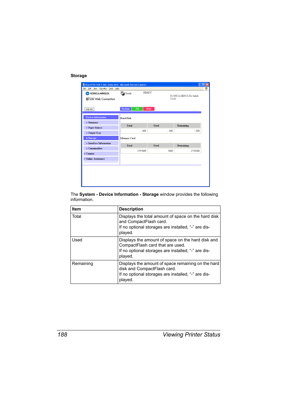 Viewing printer status 188 | Konica Minolta bizhub C31P User Manual | Page 206 / 382