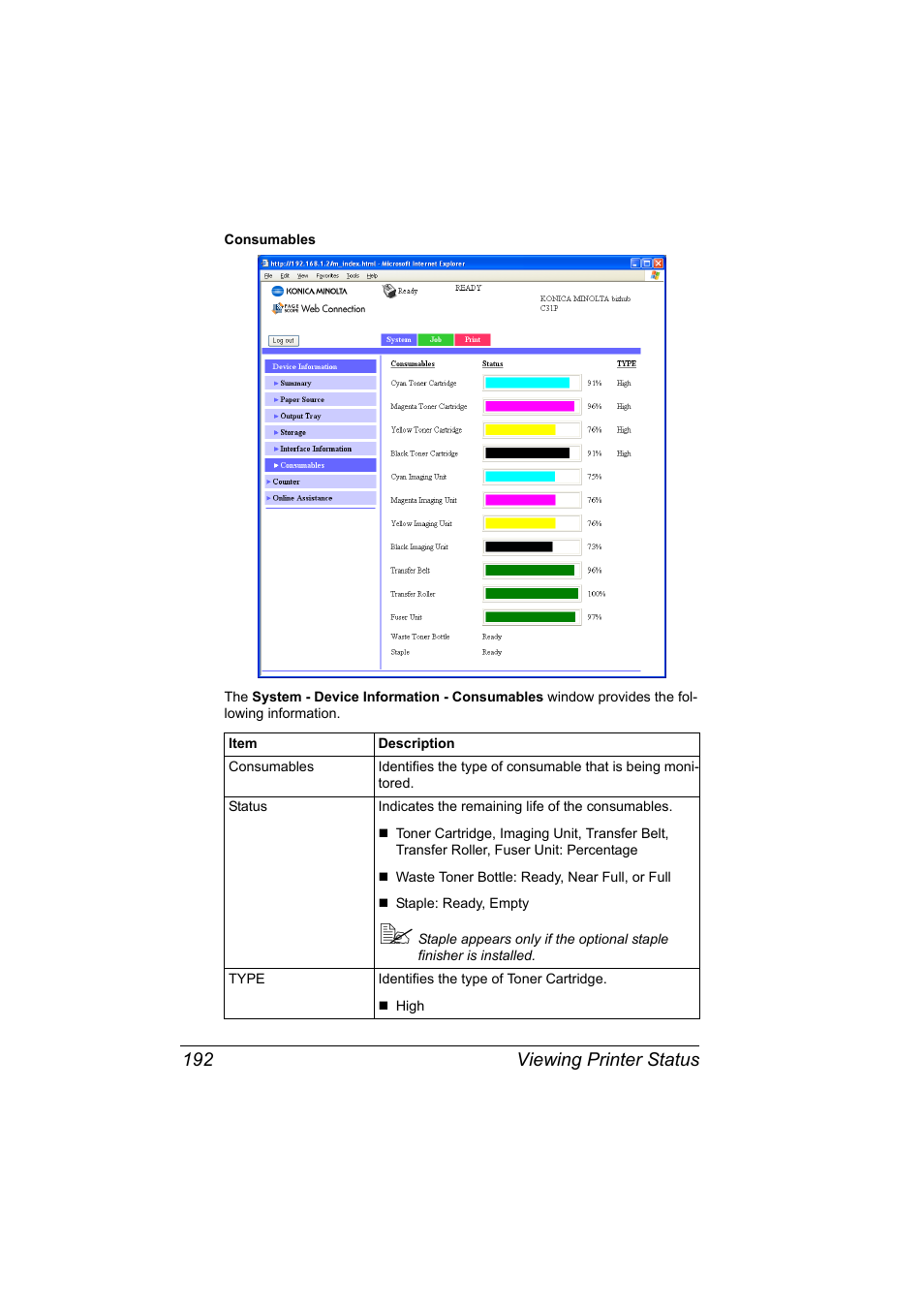 Viewing printer status 192 | Konica Minolta bizhub C31P User Manual | Page 210 / 382