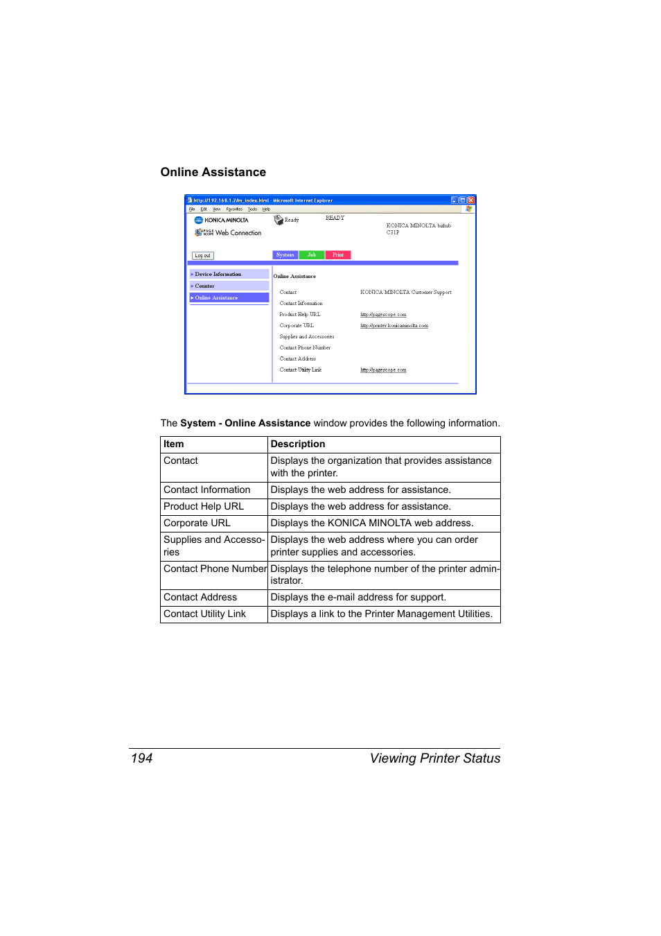 Online assistance, Online assistance 194, Viewing printer status 194 | Konica Minolta bizhub C31P User Manual | Page 212 / 382