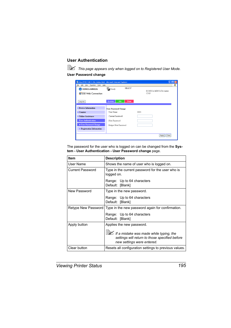 User authentication, User authentication 195 | Konica Minolta bizhub C31P User Manual | Page 213 / 382