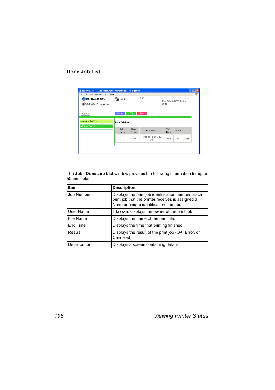 Done job list, Done job list 198, Viewing printer status 198 | Konica Minolta bizhub C31P User Manual | Page 216 / 382