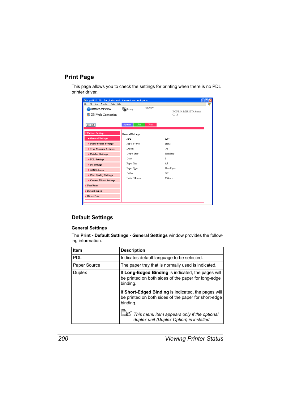 Default settings, Default settings 200 | Konica Minolta bizhub C31P User Manual | Page 218 / 382