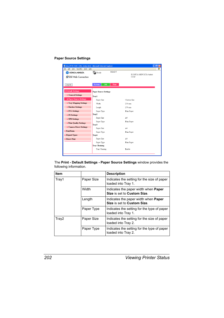 Viewing printer status 202 | Konica Minolta bizhub C31P User Manual | Page 220 / 382