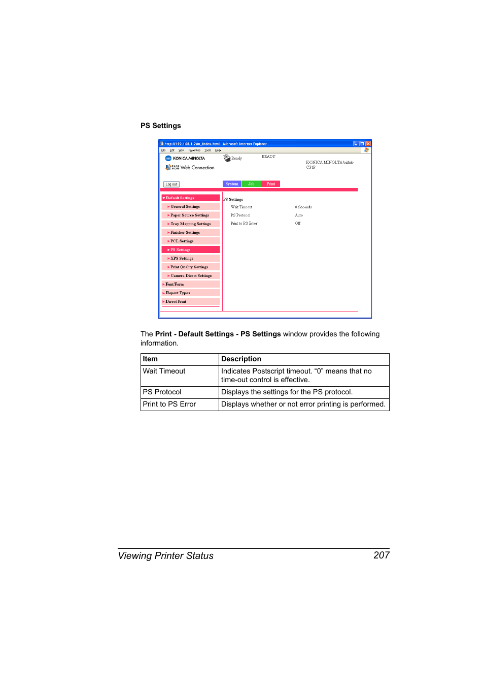 Viewing printer status 207 | Konica Minolta bizhub C31P User Manual | Page 225 / 382