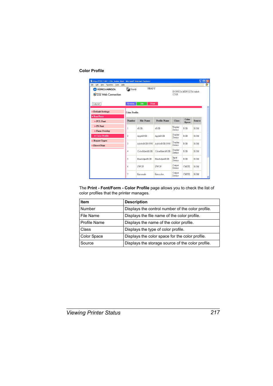 Viewing printer status 217 | Konica Minolta bizhub C31P User Manual | Page 235 / 382