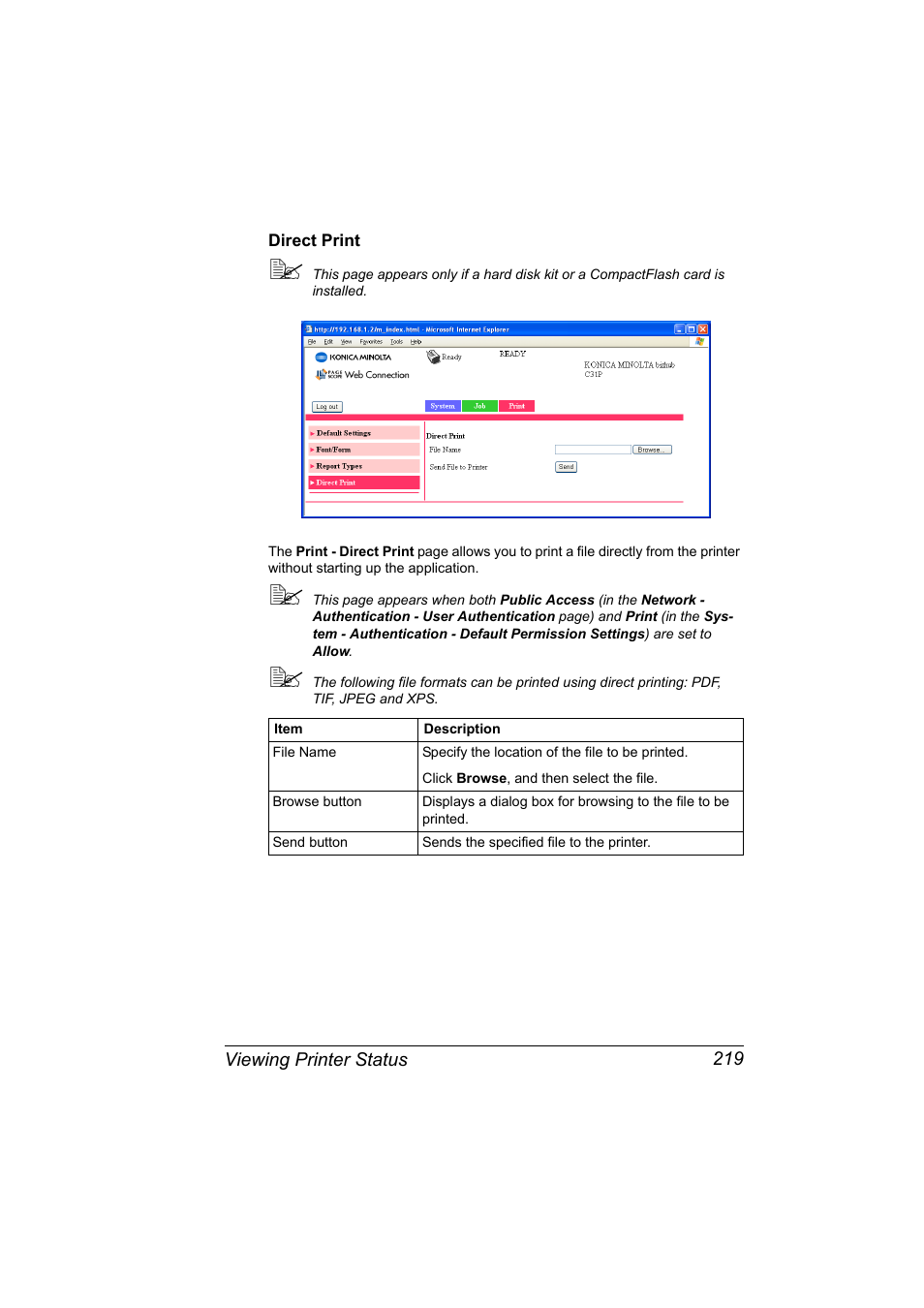 Direct print, Direct print 219 | Konica Minolta bizhub C31P User Manual | Page 237 / 382
