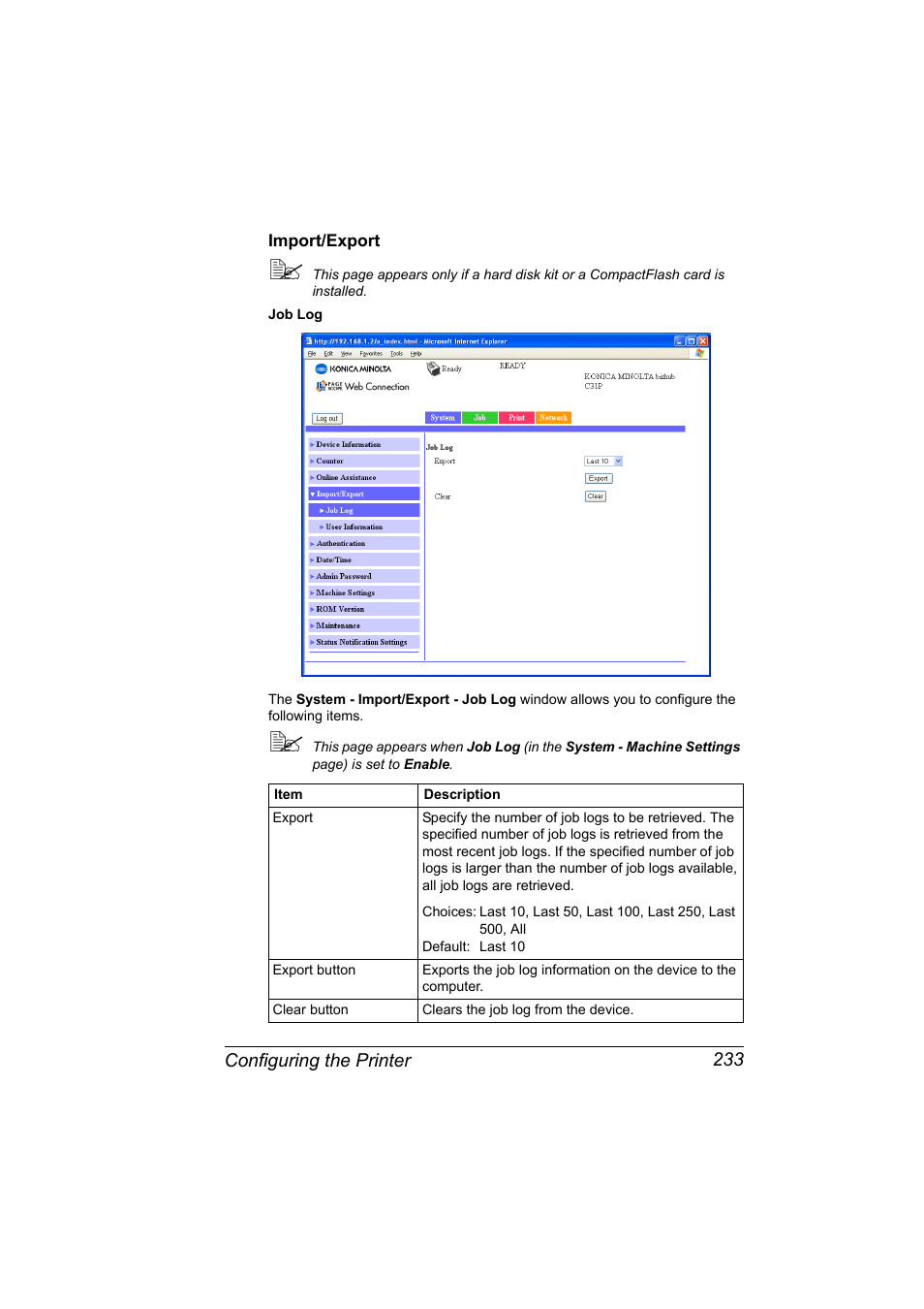 Import/export, Import/export 233 | Konica Minolta bizhub C31P User Manual | Page 251 / 382