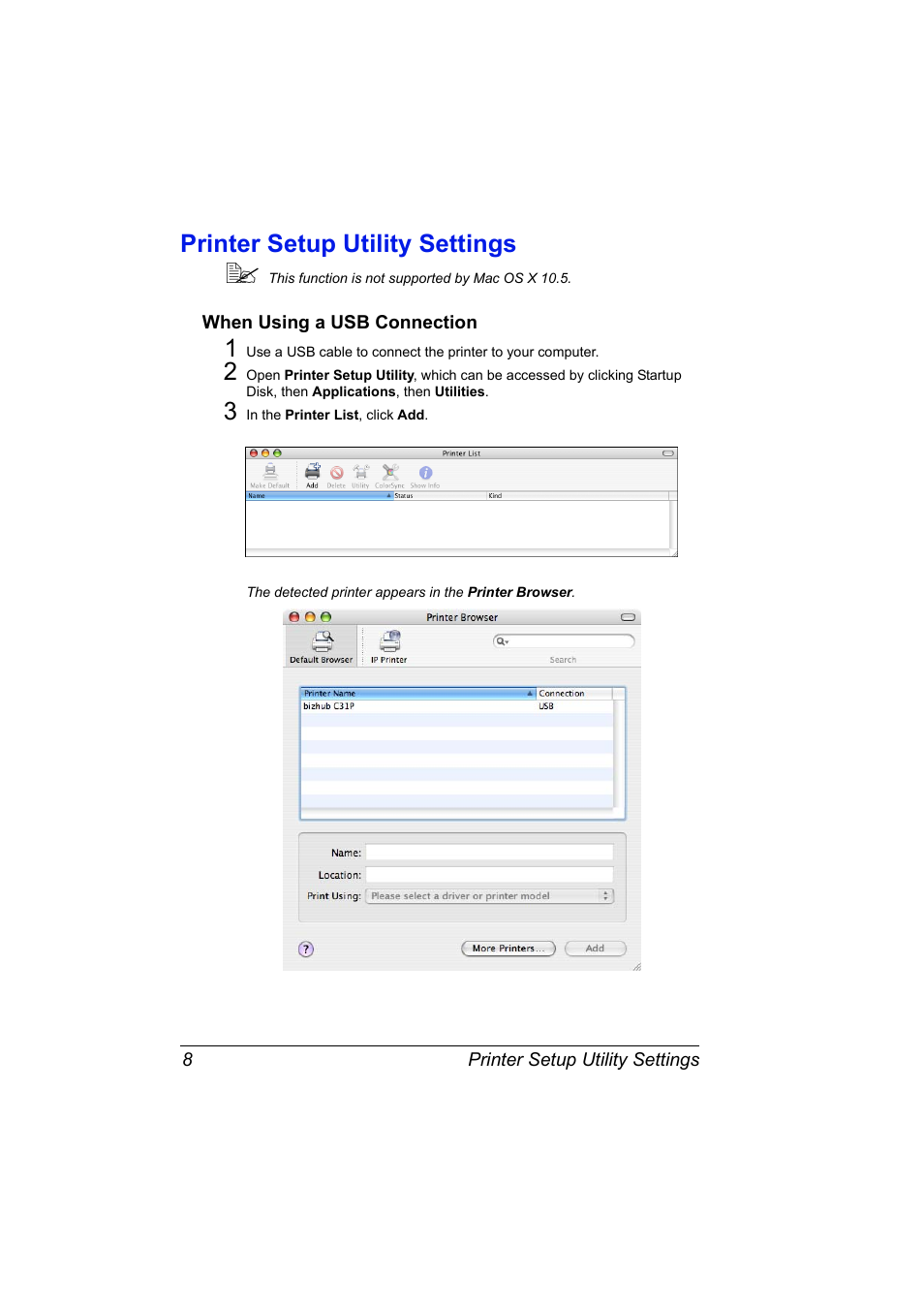 Printer setup utility settings, When using a usb connection, Printer setup utility settings 8 | When using a usb connection 8 | Konica Minolta bizhub C31P User Manual | Page 26 / 382