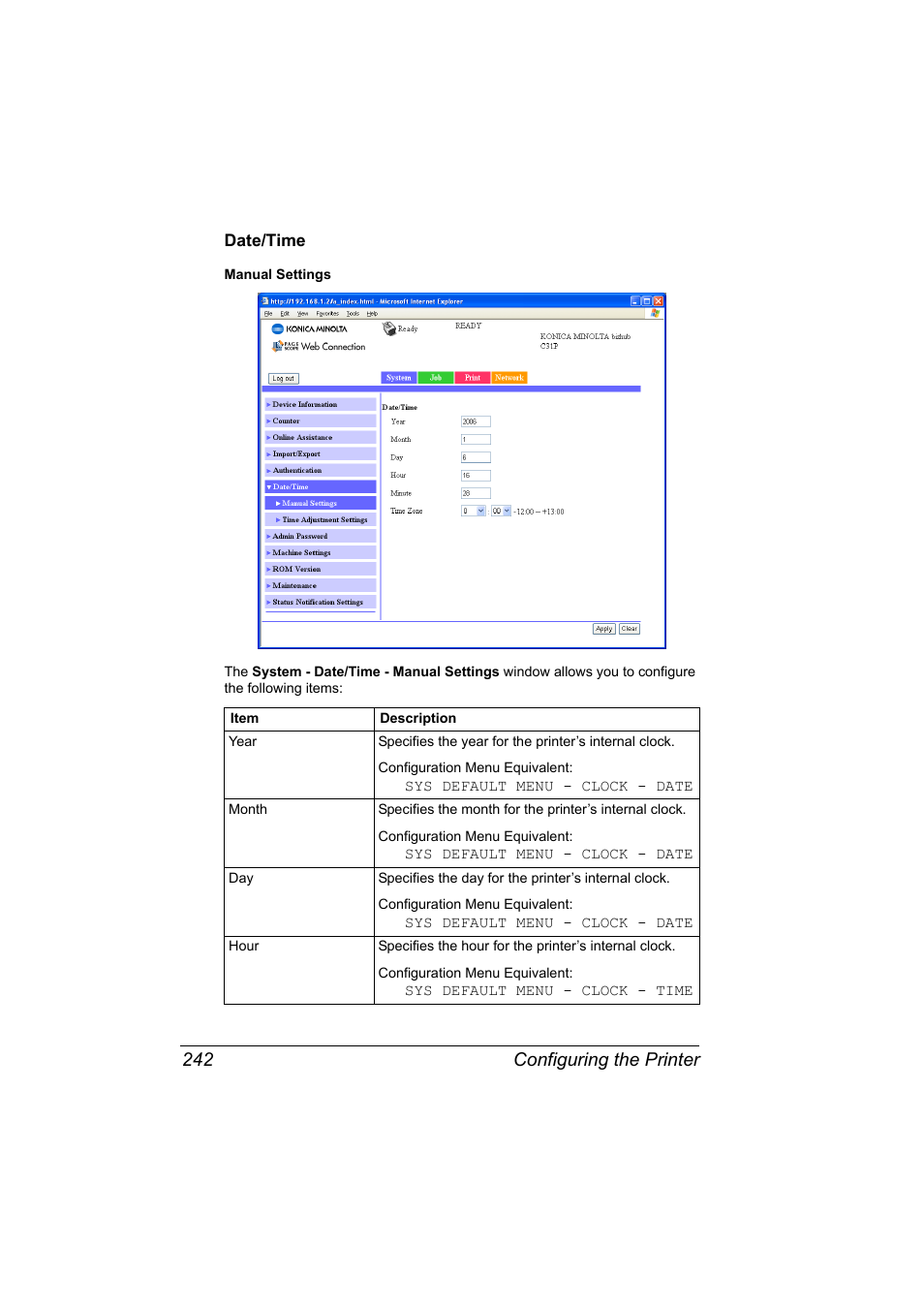 Date/time, Date/time 242, Configuring the printer 242 | Konica Minolta bizhub C31P User Manual | Page 260 / 382