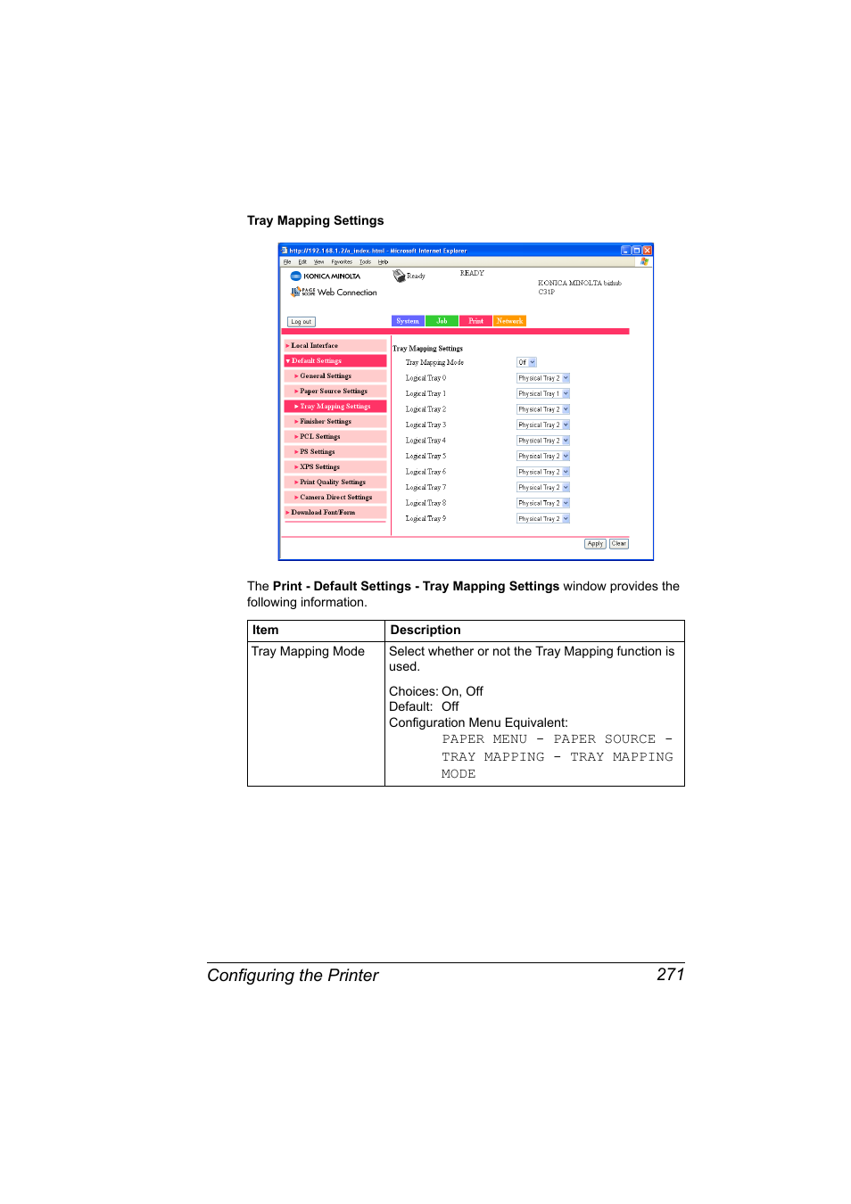 Configuring the printer 271 | Konica Minolta bizhub C31P User Manual | Page 289 / 382