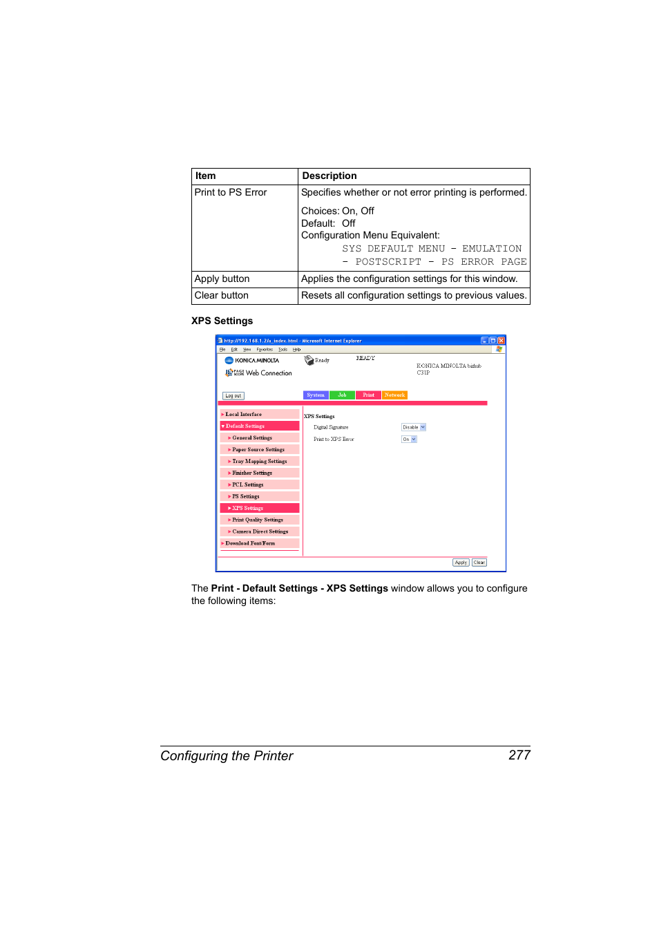 Configuring the printer 277 | Konica Minolta bizhub C31P User Manual | Page 295 / 382