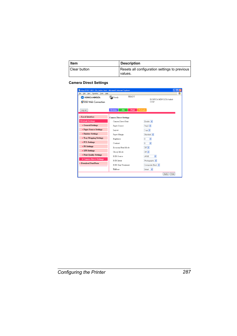 Configuring the printer 287 | Konica Minolta bizhub C31P User Manual | Page 305 / 382