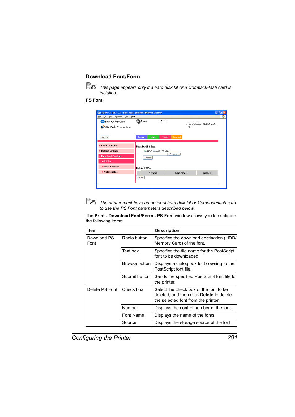 Download font/form, Download font/form 291, Configuring the printer 291 | Konica Minolta bizhub C31P User Manual | Page 309 / 382