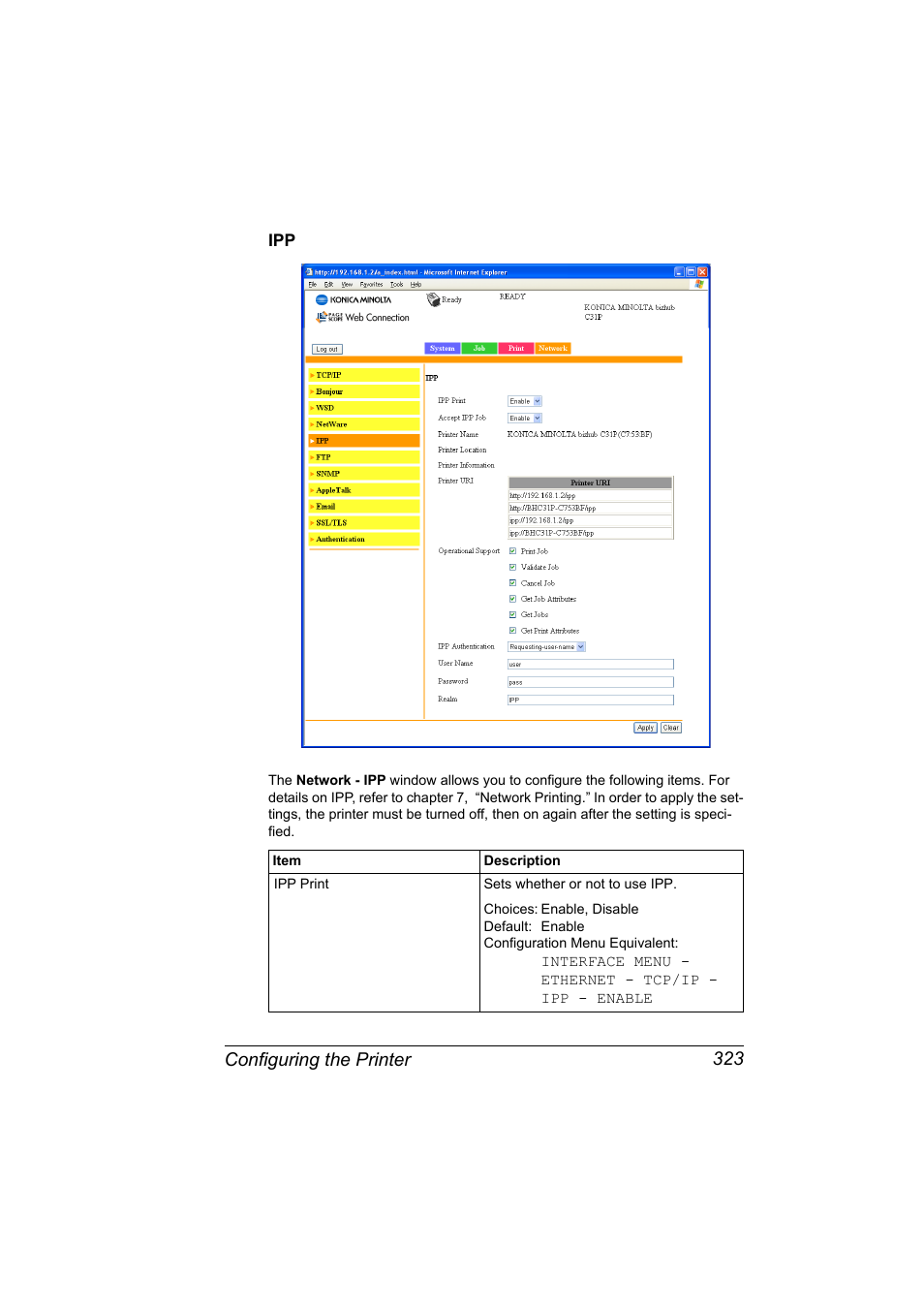 Ipp 323, Configuring the printer 323 | Konica Minolta bizhub C31P User Manual | Page 341 / 382