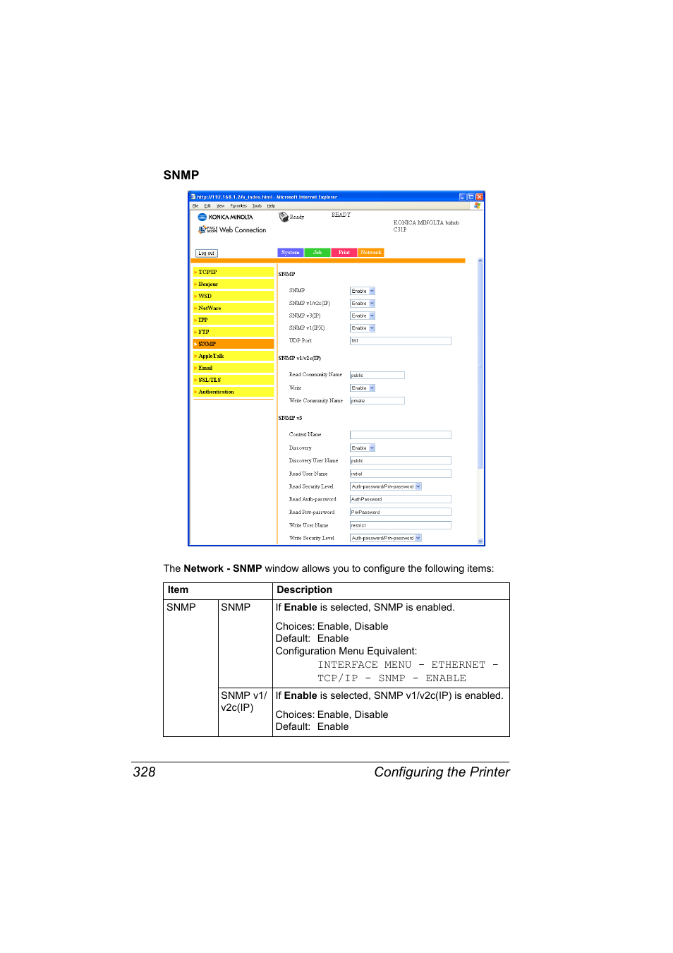 Snmp, Snmp 328, Configuring the printer 328 | Konica Minolta bizhub C31P User Manual | Page 346 / 382